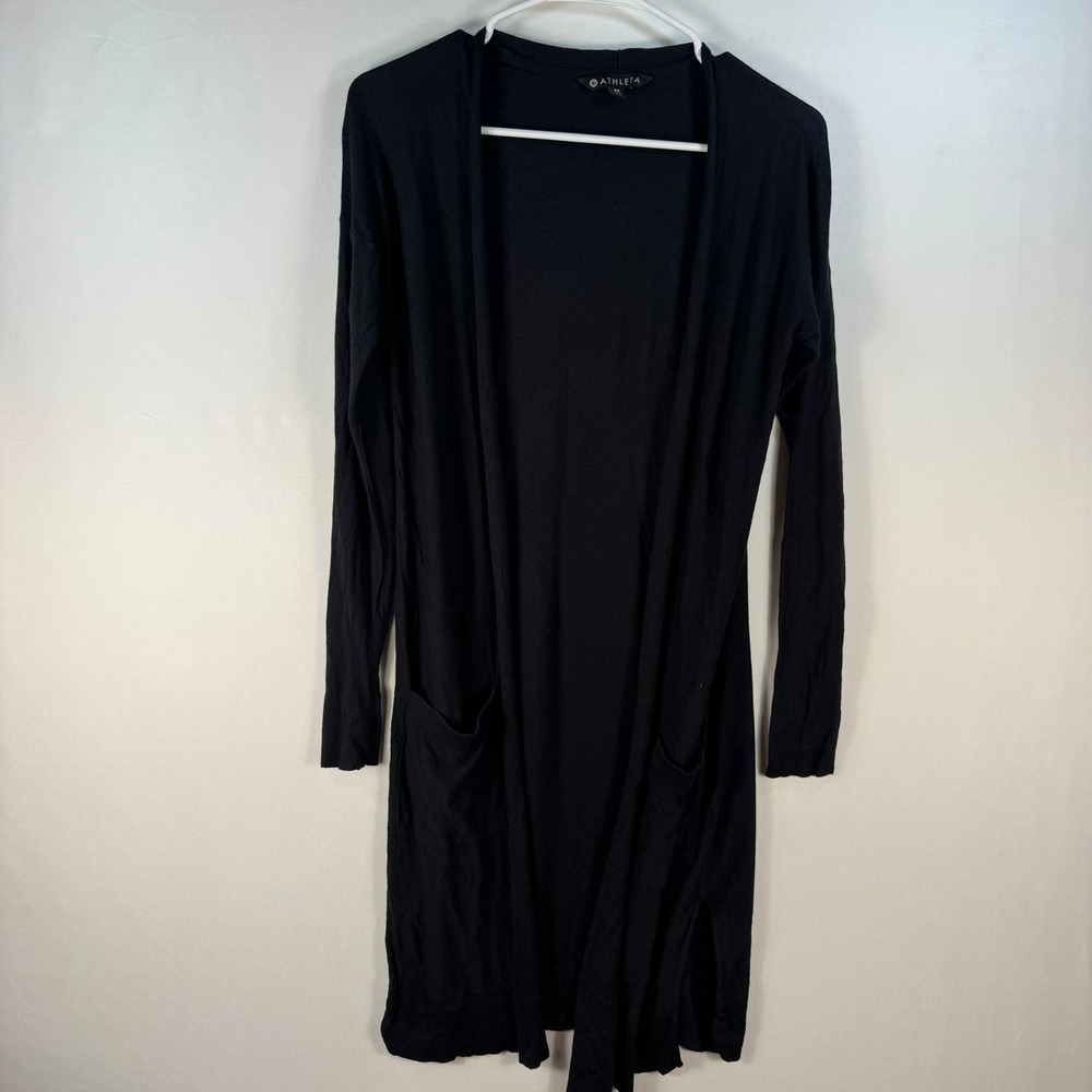 Athleta Womens XS Black Longline Open Front Cardigan Pockets Lightweight Knit